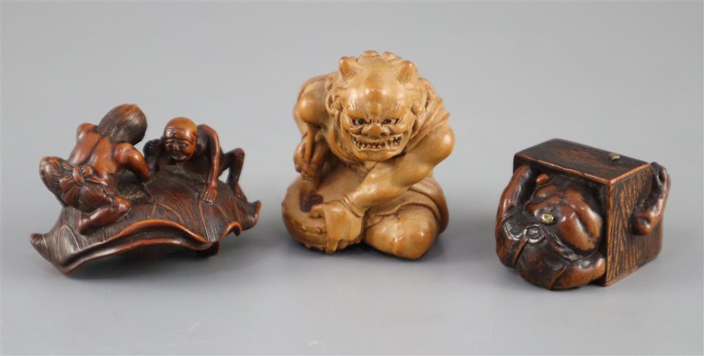 Three Japanese boxwood or cherry netsuke of oni, Meiji period,